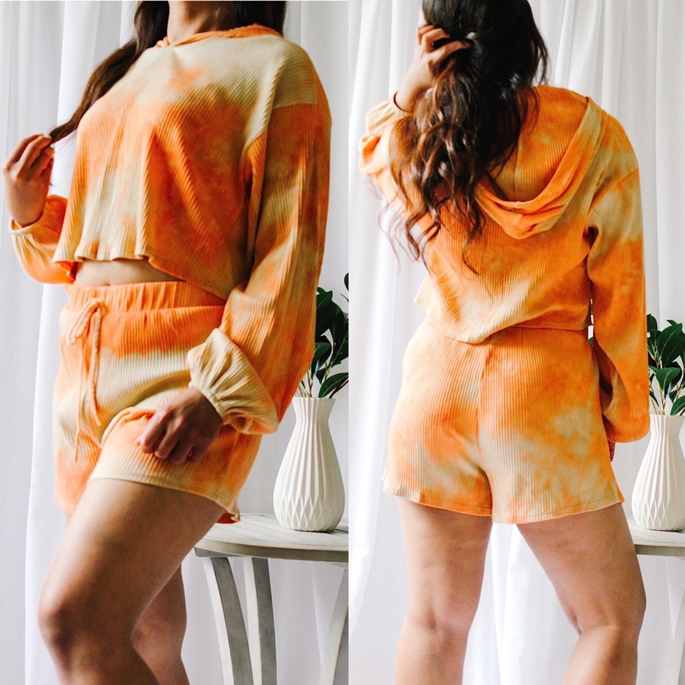 STORE CLOSING SALE! Orange Tie Dye Cropped Hoodie Shorts Set - Picture 9 of 9